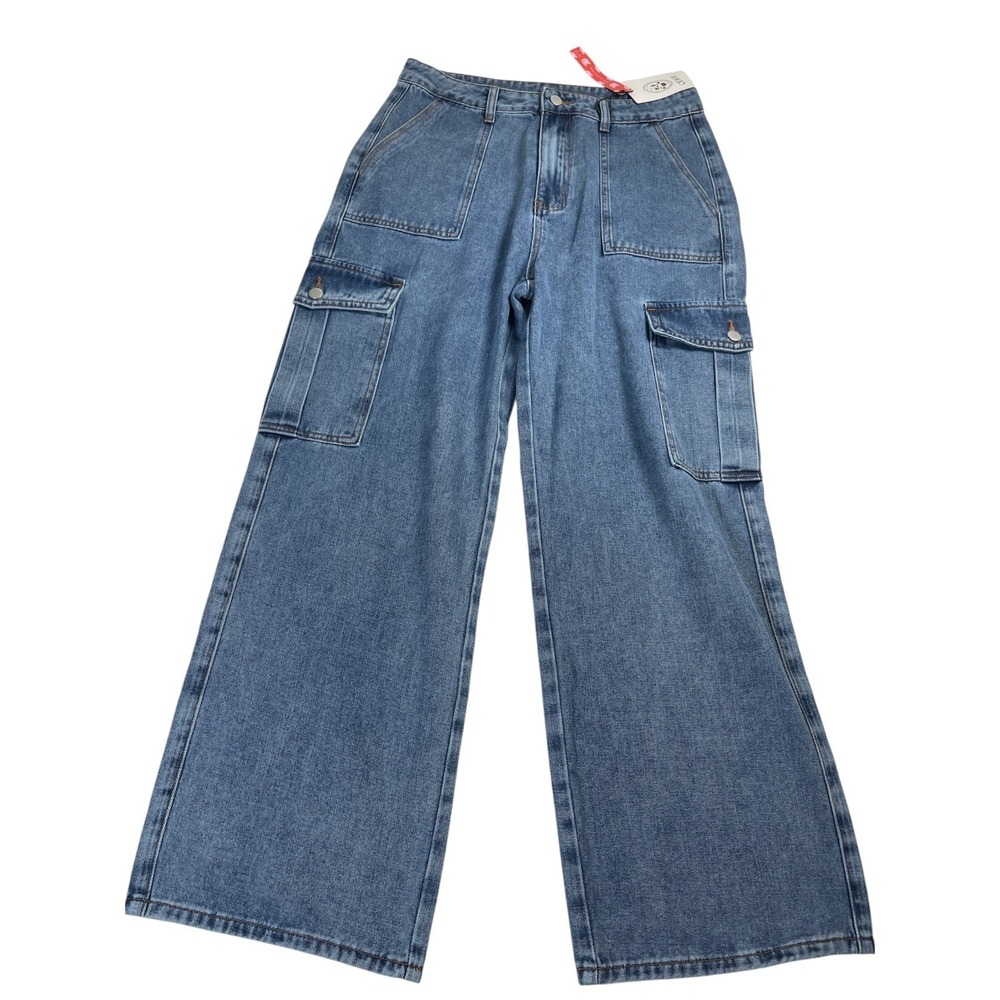 Cider Wide Leg Cargo Trouser Women's Large Blue 100% Cotton Jeans High Rise